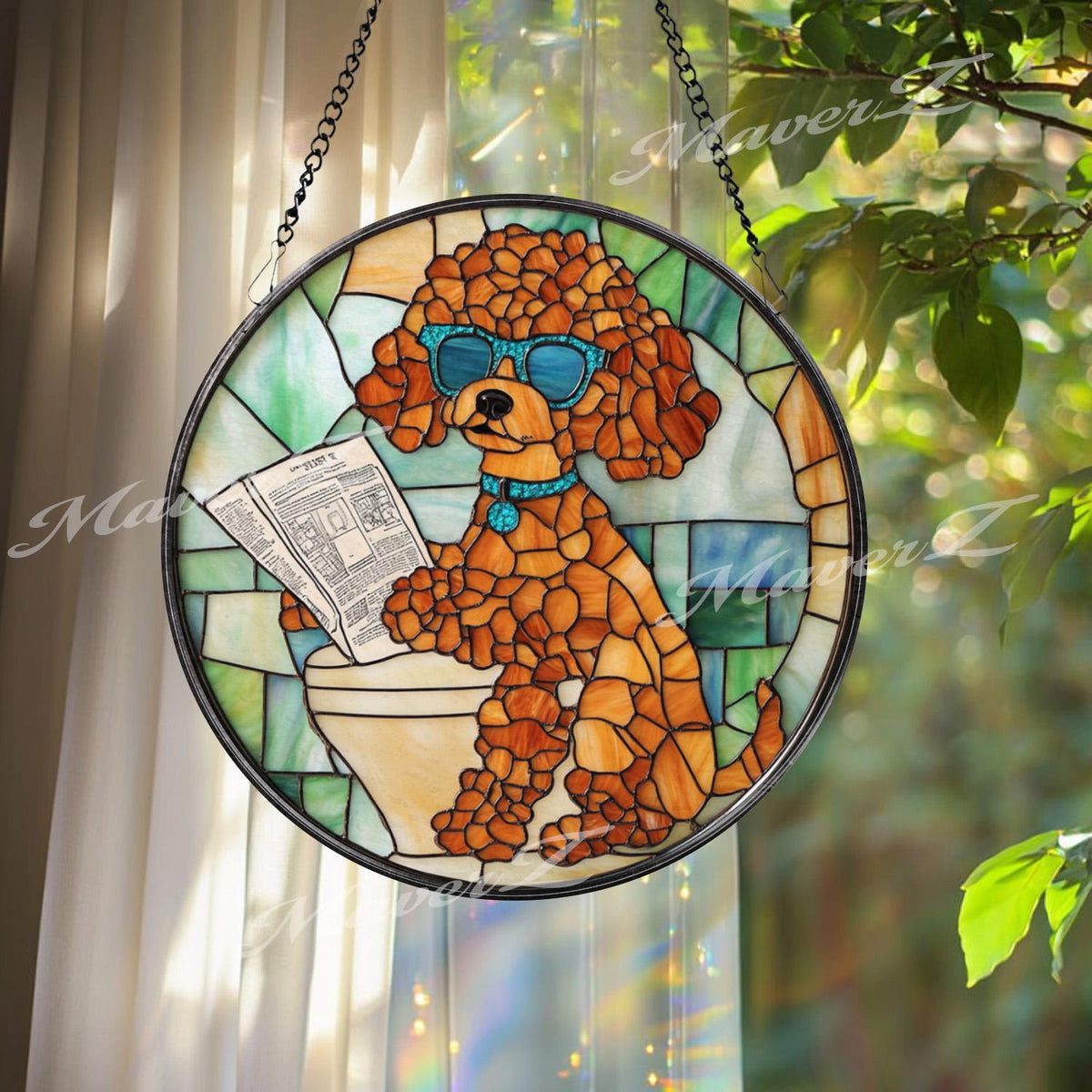 Funny Poodle Bathroom Stained Glass Suncatcher, Dog on Toilet with Newspaper, Humorous Pet Window Hanging Gift for Dog Lovers