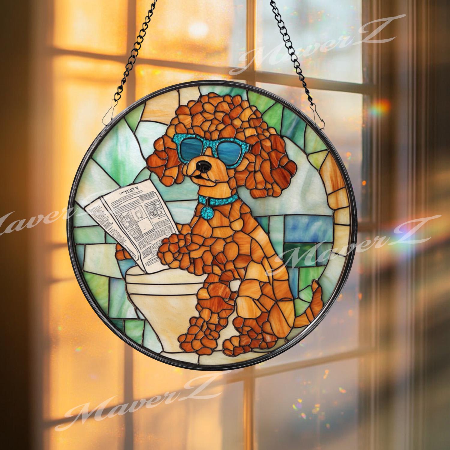 Funny Poodle Bathroom Stained Glass Suncatcher, Dog on Toilet with Newspaper, Humorous Pet Window Hanging Gift for Dog Lovers