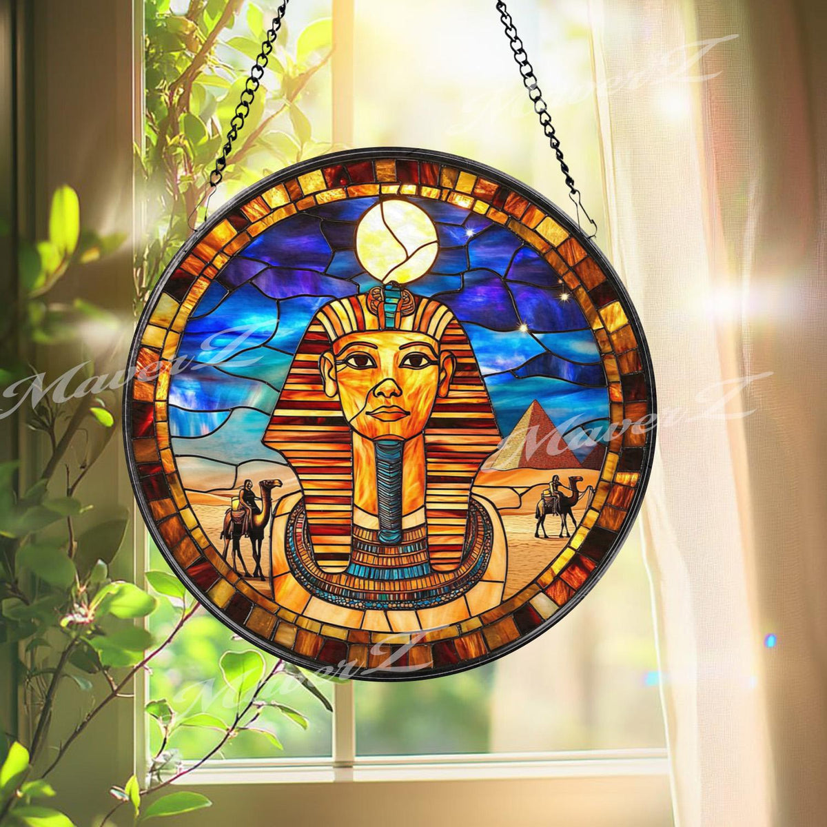 Ancient Egyptian Pharaoh Stained Glass Suncatcher, Pyramid and Camel Scene Window Panel, Cultural Wall Art Gift for History Lovers