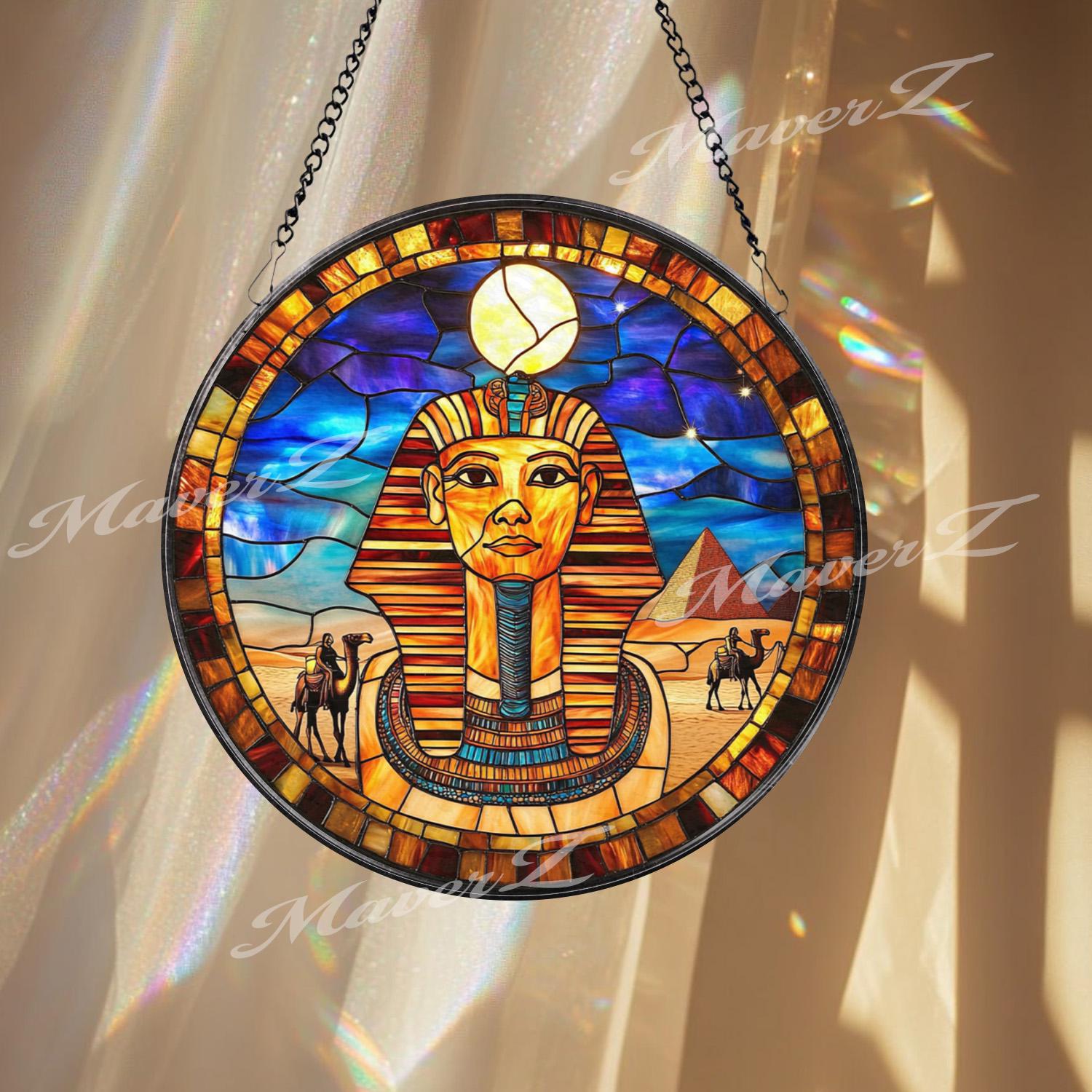 Ancient Egyptian Pharaoh Stained Glass Suncatcher, Pyramid and Camel Scene Window Panel, Cultural Wall Art Gift for History Lovers