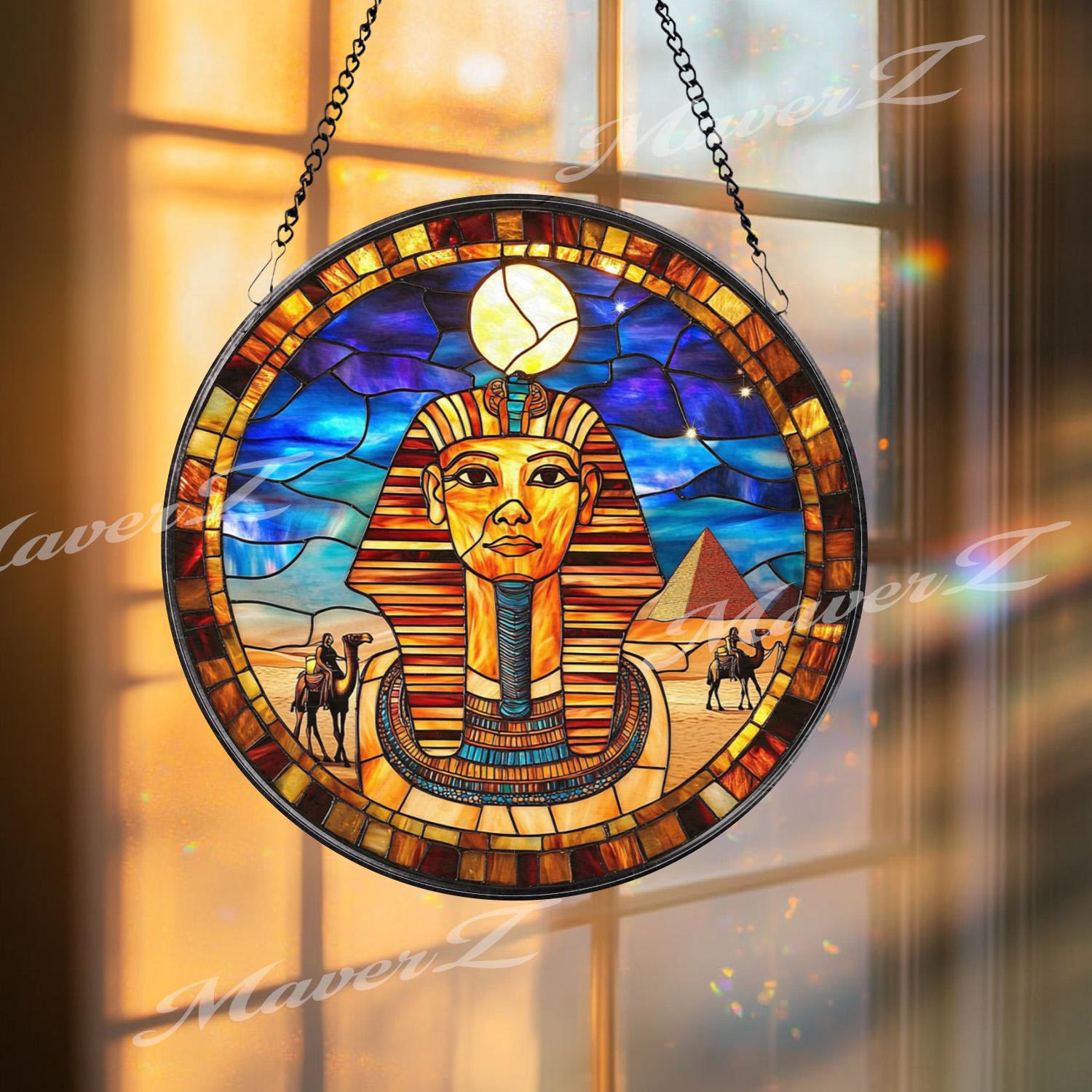 Ancient Egyptian Pharaoh Stained Glass Suncatcher, Pyramid and Camel Scene Window Panel, Cultural Wall Art Gift for History Lovers