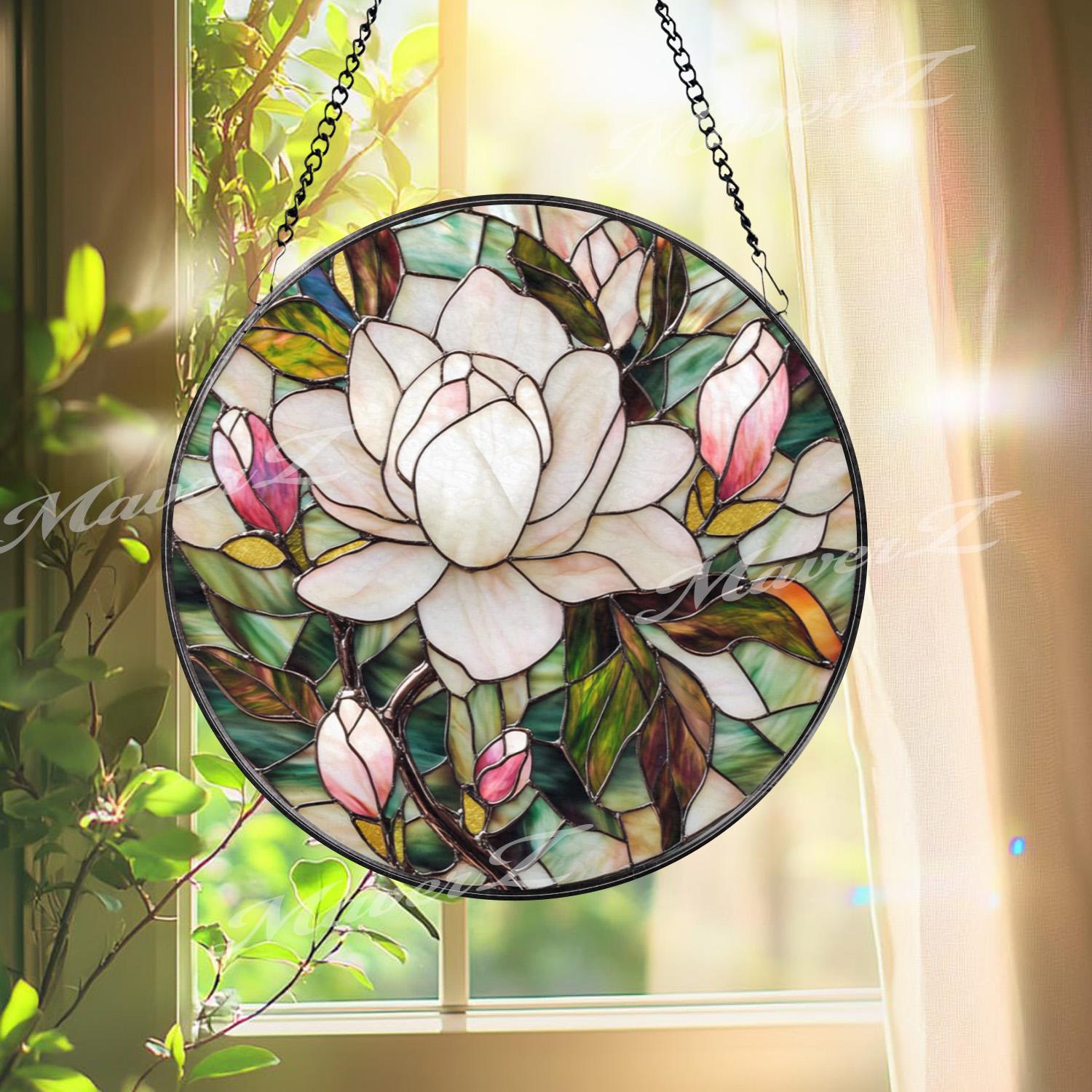 Elegant Magnolia Blossom Stained Glass Suncatcher, White and Pink Flower Window Panel, Floral Garden Hanging Gift for Her or Mom