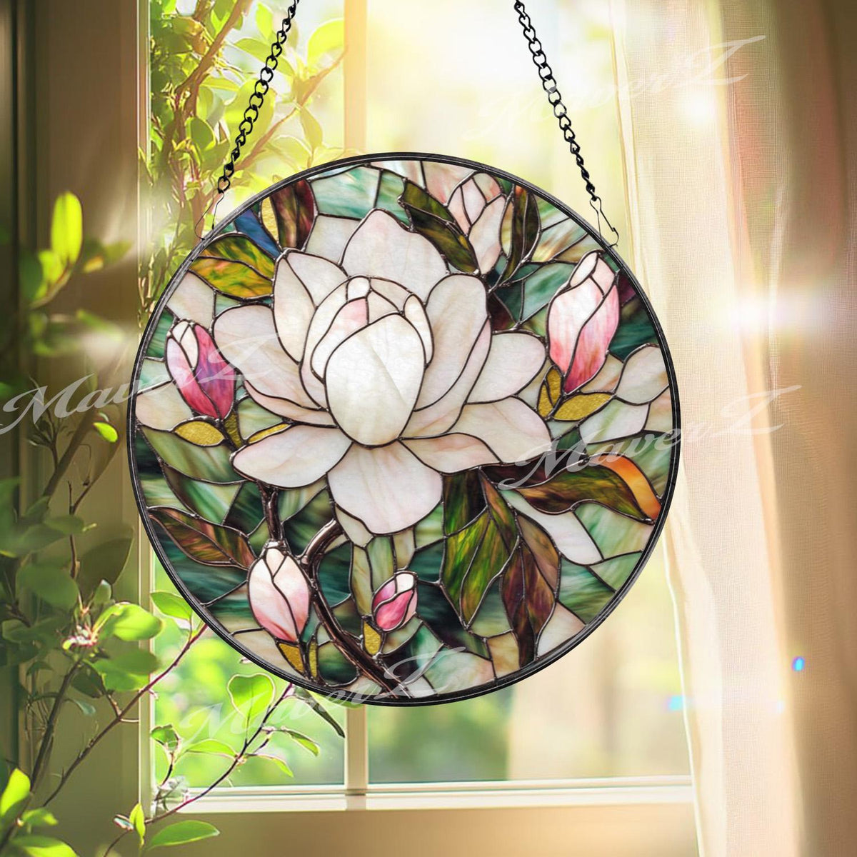 Elegant Magnolia Blossom Stained Glass Suncatcher, White and Pink Flower Window Panel, Floral Garden Hanging Gift for Her or Mom