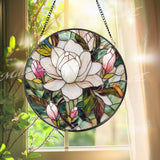 Elegant Magnolia Blossom Stained Glass Suncatcher, White and Pink Flower Window Panel, Floral Garden Hanging Gift for Her or Mom