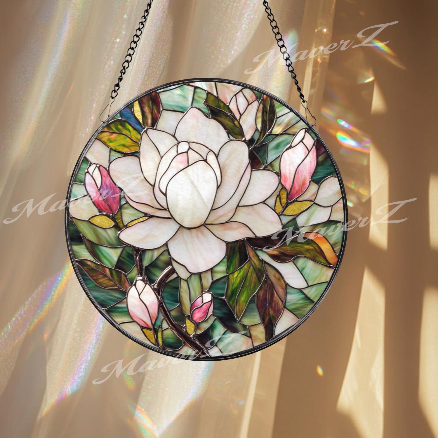 Elegant Magnolia Blossom Stained Glass Suncatcher, White and Pink Flower Window Panel, Floral Garden Hanging Gift for Her or Mom