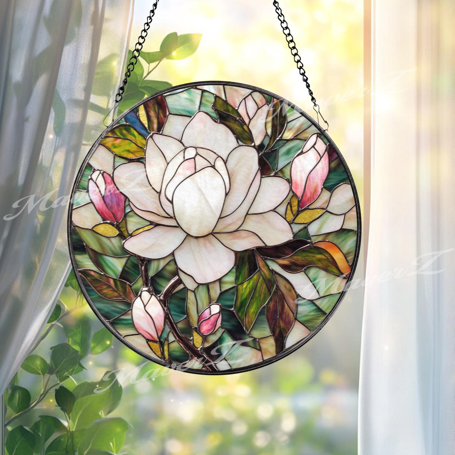 Elegant Magnolia Blossom Stained Glass Suncatcher, White and Pink Flower Window Panel, Floral Garden Hanging Gift for Her or Mom