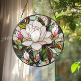 Elegant Magnolia Blossom Stained Glass Suncatcher, White and Pink Flower Window Panel, Floral Garden Hanging Gift for Her or Mom