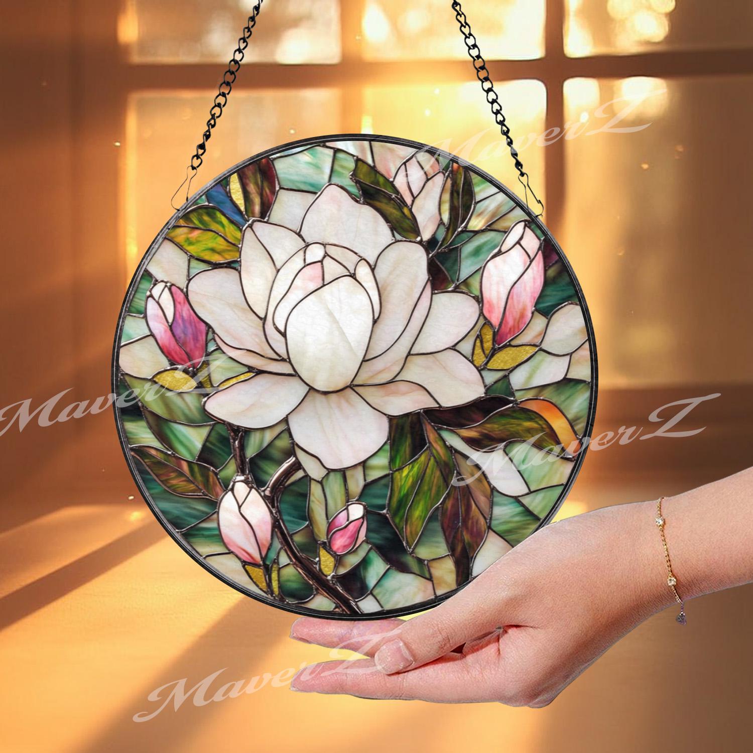 Elegant Magnolia Blossom Stained Glass Suncatcher, White and Pink Flower Window Panel, Floral Garden Hanging Gift for Her or Mom