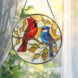 Cardinal and Blue Jay Stained Glass Suncatcher, Colorful Bird Window Hanging for Nature Lovers, Vibrant Floral Glass Panel