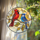Cardinal and Blue Jay Stained Glass Suncatcher, Colorful Bird Window Hanging for Nature Lovers, Vibrant Floral Glass Panel