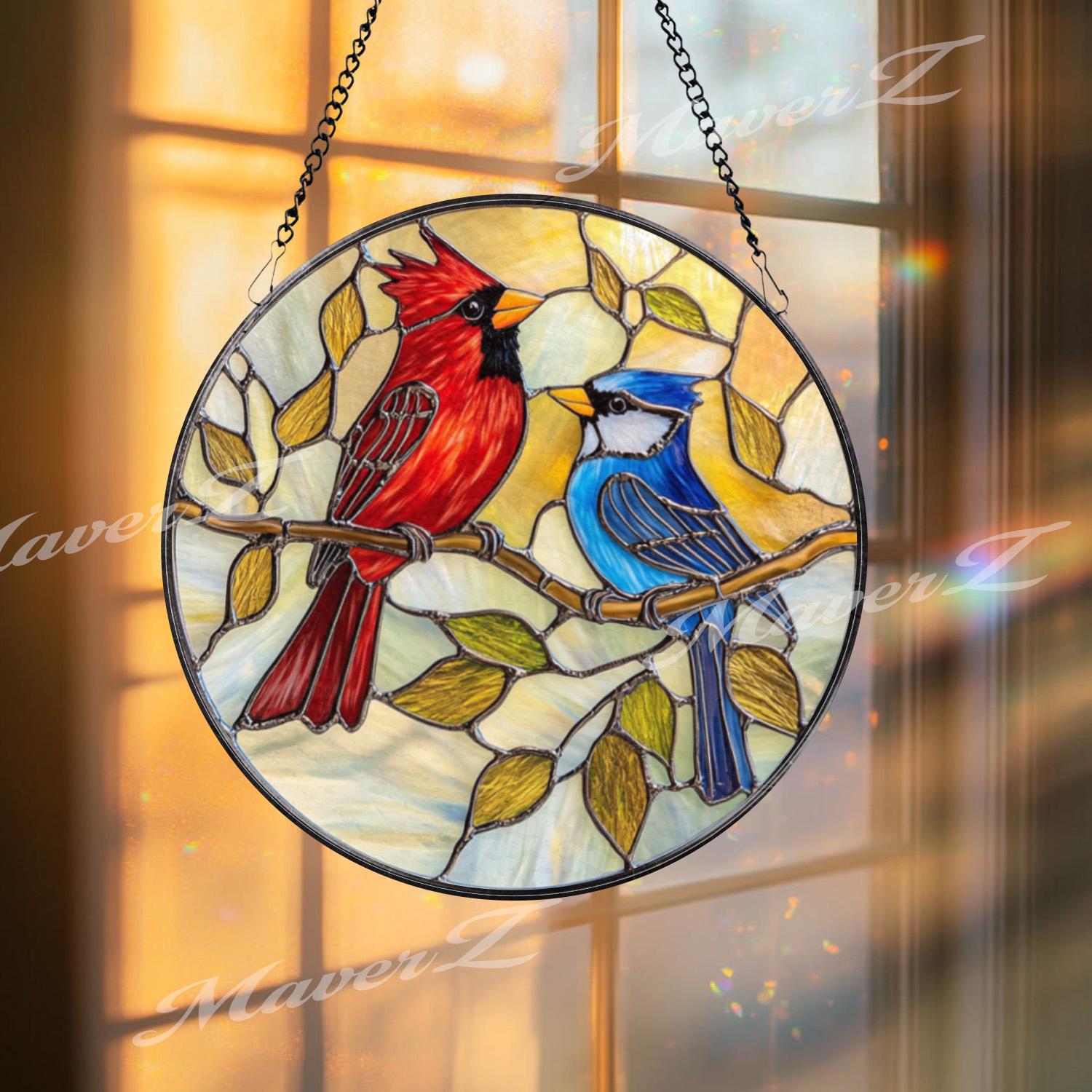 Cardinal and Blue Jay Stained Glass Suncatcher, Colorful Bird Window Hanging for Nature Lovers, Vibrant Floral Glass Panel