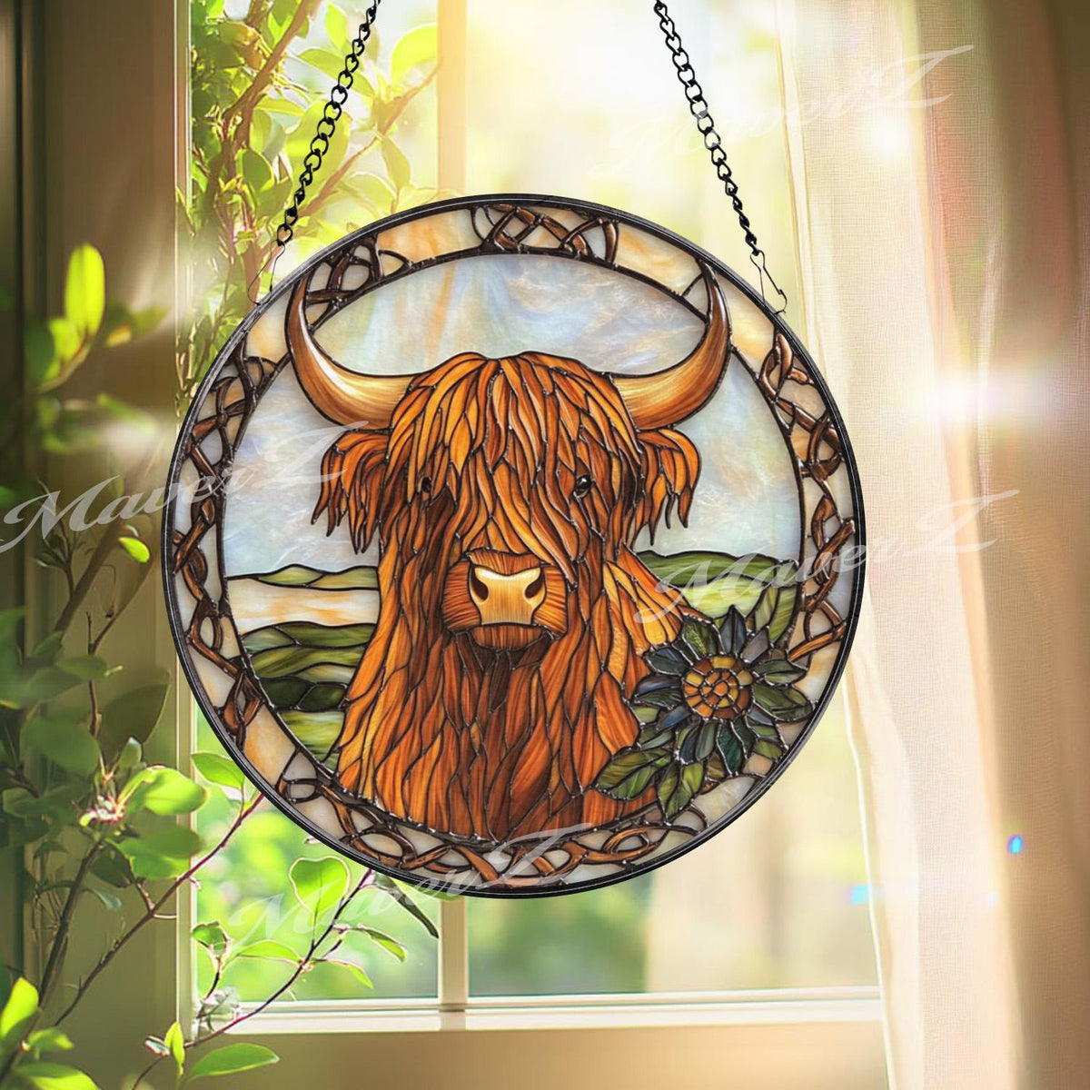 Rustic Highland Cow Stained Glass Suncatcher with Celtic Knot Border, Shaggy Scottish Farmhouse Window Art Gift for Animal Lovers