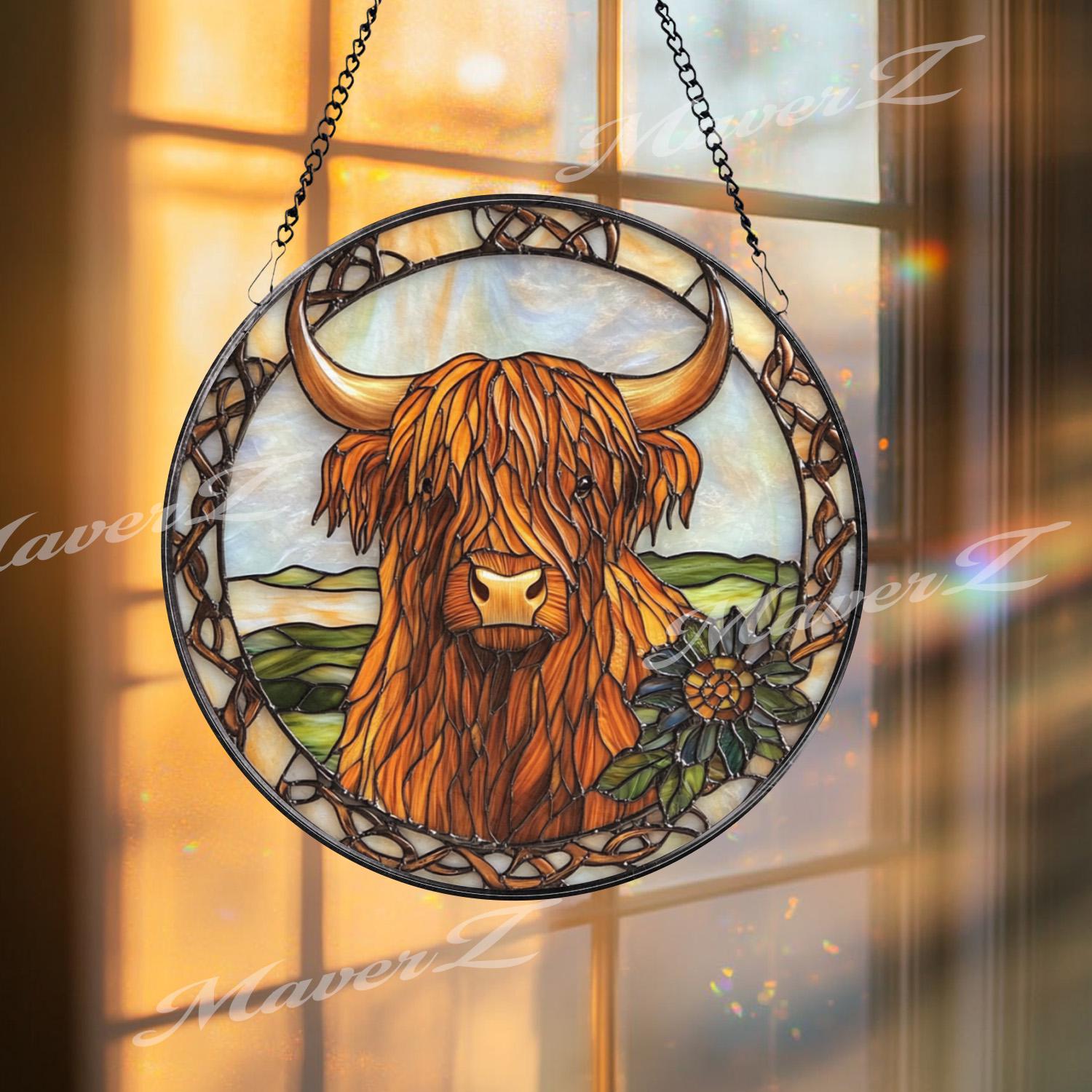 Rustic Highland Cow Stained Glass Suncatcher with Celtic Knot Border, Shaggy Scottish Farmhouse Window Art Gift for Animal Lovers