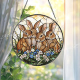 Four Bunny Rabbits Stained Glass Suncatcher, Cute Rabbit Family Window Hanging, Spring Garden Animal Decor, Easter Bunny Panel