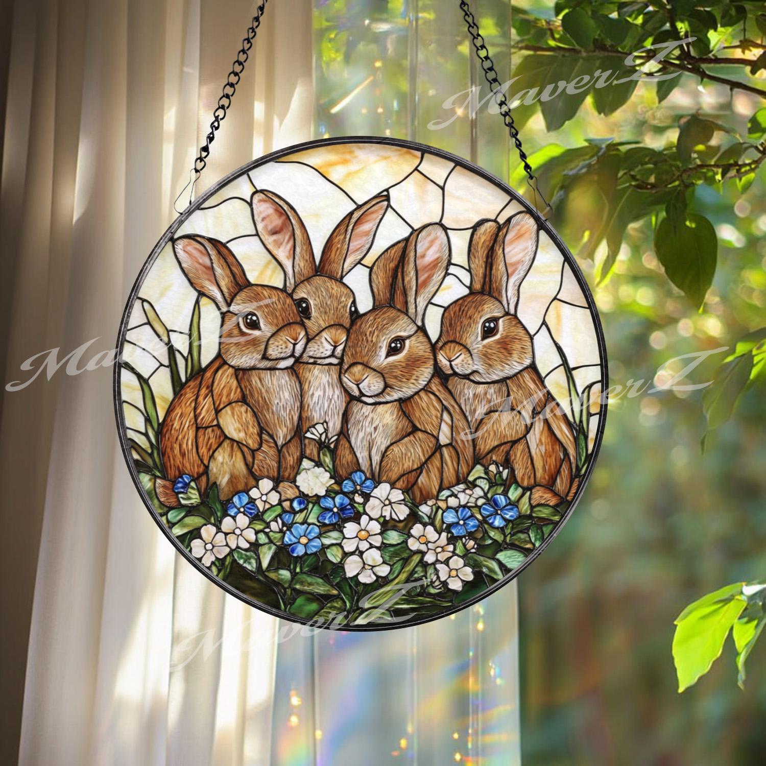 Four Bunny Rabbits Stained Glass Suncatcher, Cute Rabbit Family Window Hanging, Spring Garden Animal Decor, Easter Bunny Panel