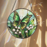 Green Butterfly and Lily of the Valley Stained Glass Suncatcher, Spring Floral Window Hanging Art, Nature Insect Garden Decor