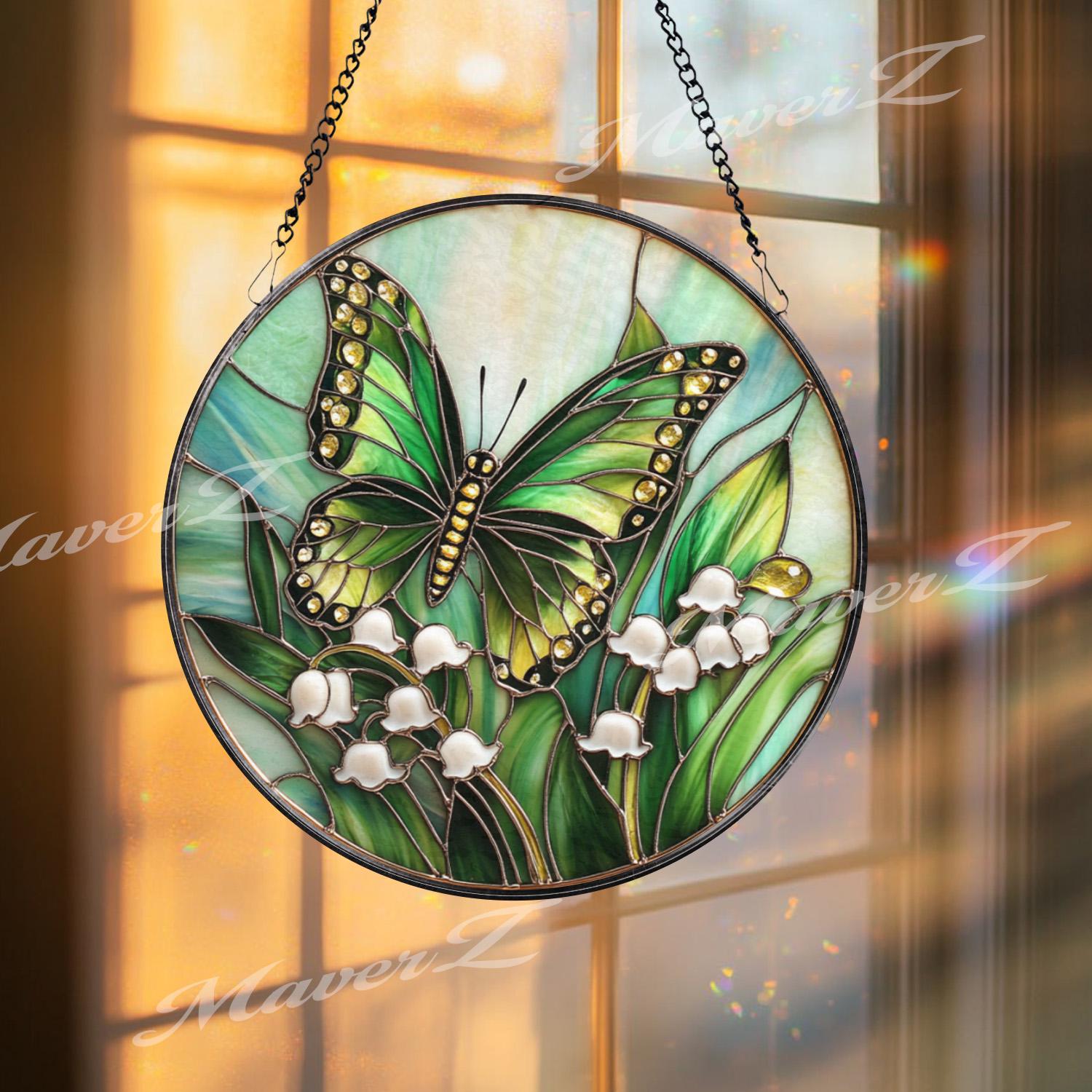 Green Butterfly and Lily of the Valley Stained Glass Suncatcher, Spring Floral Window Hanging Art, Nature Insect Garden Decor