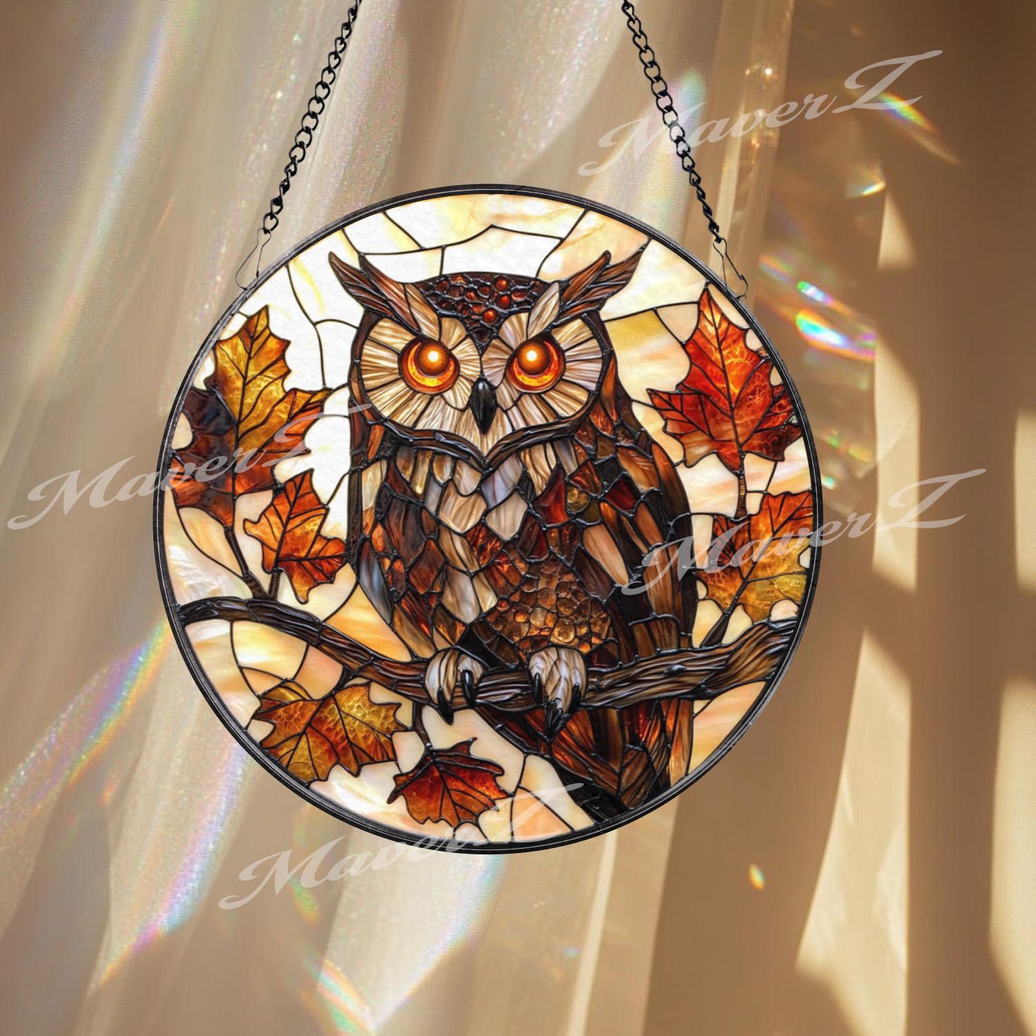 Autumn Owl Stained Glass Suncatcher, Fall Leaves and Branch Window Hanging, Woodland Bird Decor for Nature & Forest Lovers