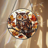 Autumn Owl Stained Glass Suncatcher, Fall Leaves and Branch Window Hanging, Woodland Bird Decor for Nature & Forest Lovers