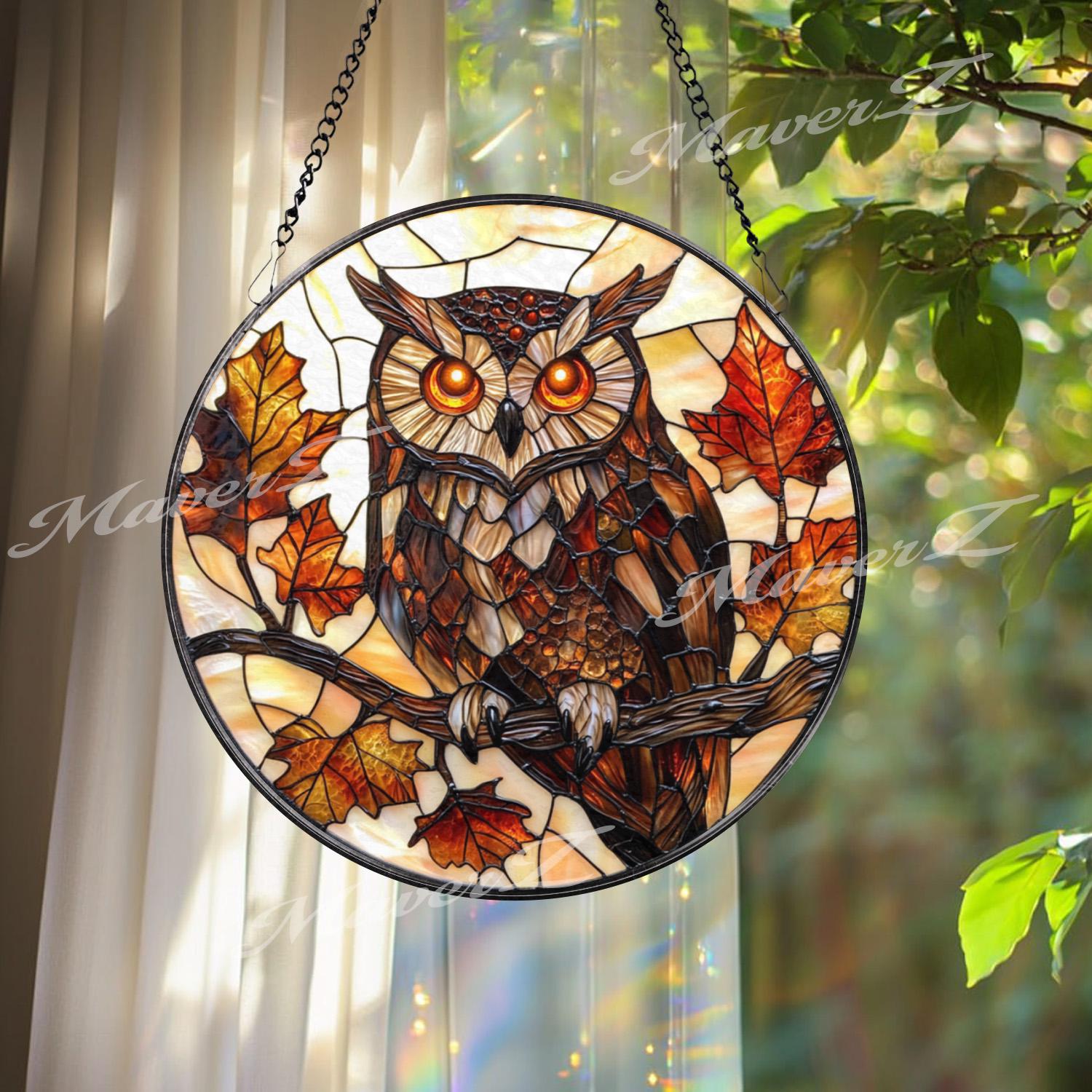 Autumn Owl Stained Glass Suncatcher, Fall Leaves and Branch Window Hanging, Woodland Bird Decor for Nature & Forest Lovers