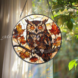 Autumn Owl Stained Glass Suncatcher, Fall Leaves and Branch Window Hanging, Woodland Bird Decor for Nature & Forest Lovers