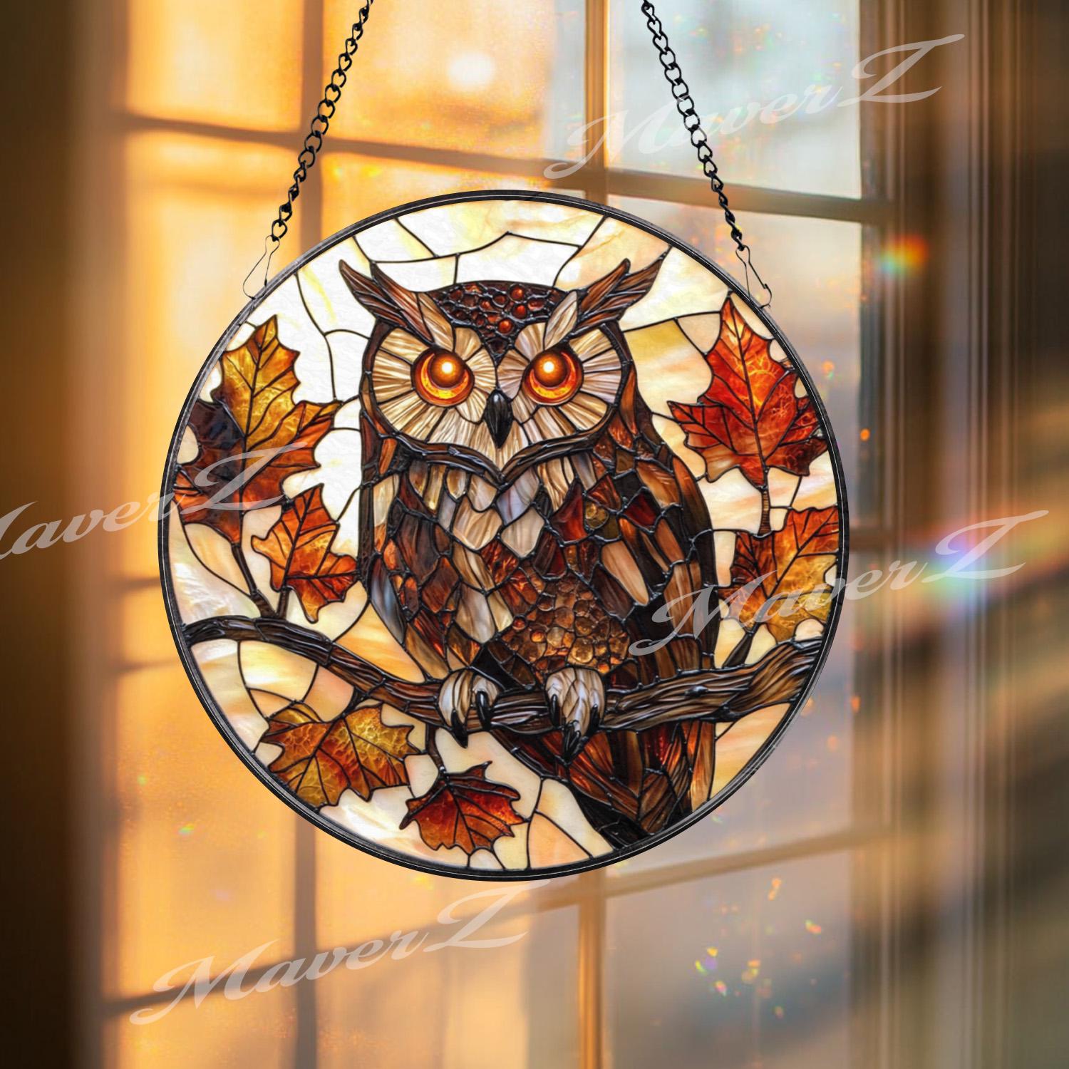 Autumn Owl Stained Glass Suncatcher, Fall Leaves and Branch Window Hanging, Woodland Bird Decor for Nature & Forest Lovers
