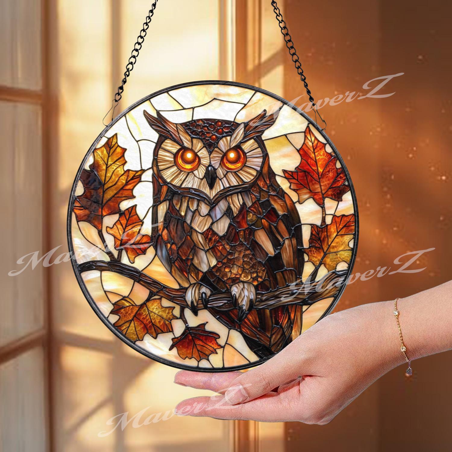 Autumn Owl Stained Glass Suncatcher, Fall Leaves and Branch Window Hanging, Woodland Bird Decor for Nature & Forest Lovers