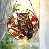 Autumn Owl Stained Glass Suncatcher, Fall Leaves and Branch Window Hanging, Woodland Bird Decor for Nature & Forest Lovers