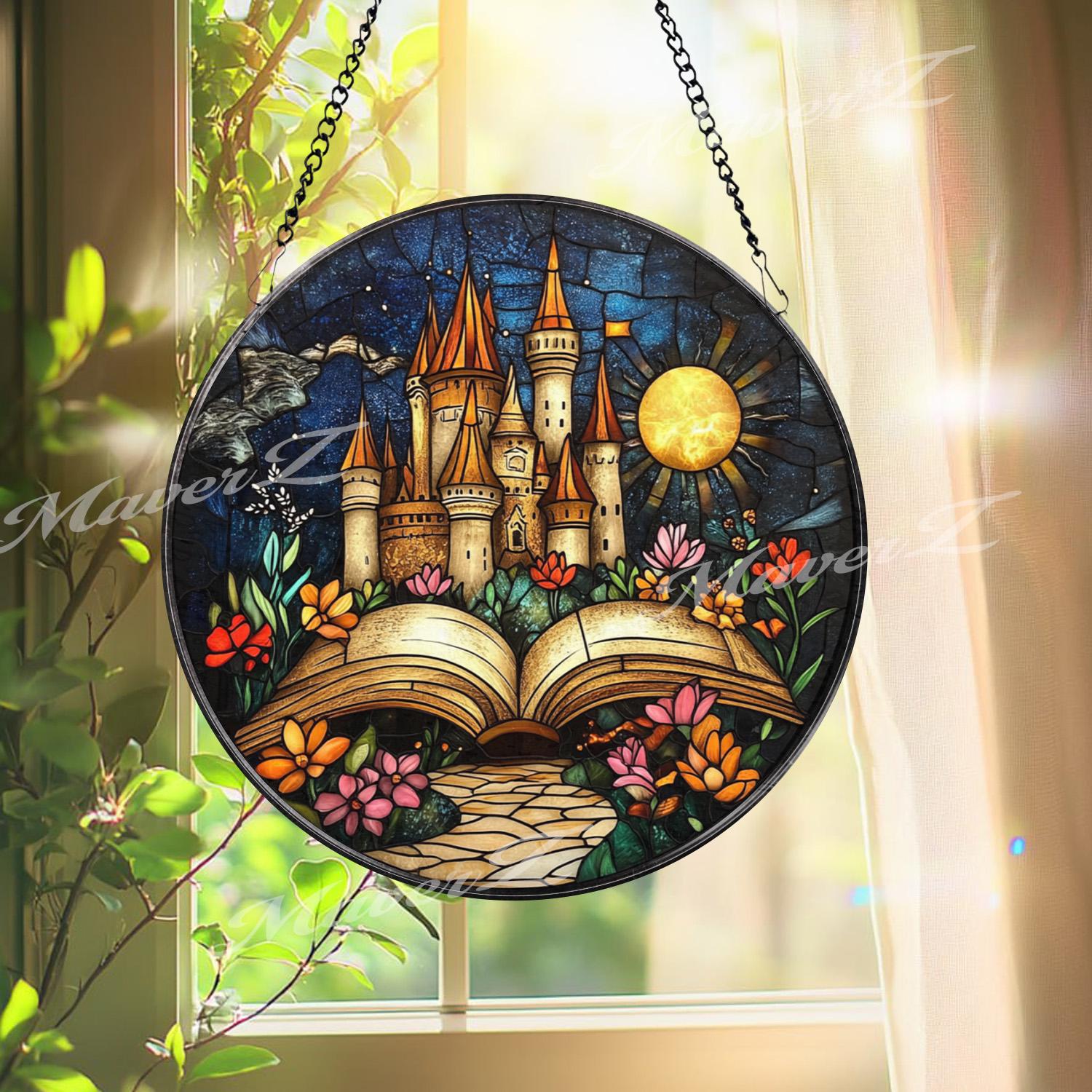 Fairy Tale Castle Stained Glass Suncatcher, Open Book Fantasy Window Hanging, Magical Storybook Art for Dreamers and Book Lovers