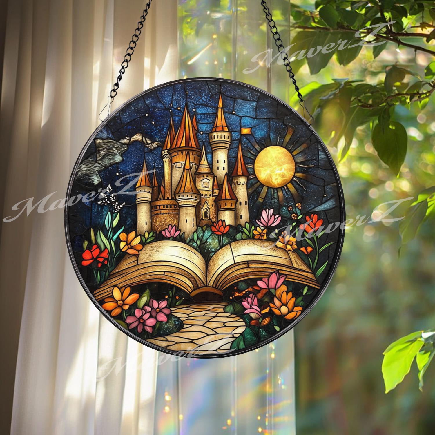 Fairy Tale Castle Stained Glass Suncatcher, Open Book Fantasy Window Hanging, Magical Storybook Art for Dreamers and Book Lovers