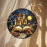 Fairy Tale Castle Stained Glass Suncatcher, Open Book Fantasy Window Hanging, Magical Storybook Art for Dreamers and Book Lovers