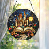 Fairy Tale Castle Stained Glass Suncatcher, Open Book Fantasy Window Hanging, Magical Storybook Art for Dreamers and Book Lovers