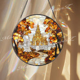 Asian Temple Autumn Stained Glass Suncatcher, Tranquil Pathway Window Hanging Decor, Sacred Nature Art for Zen and Spiritual Interiors