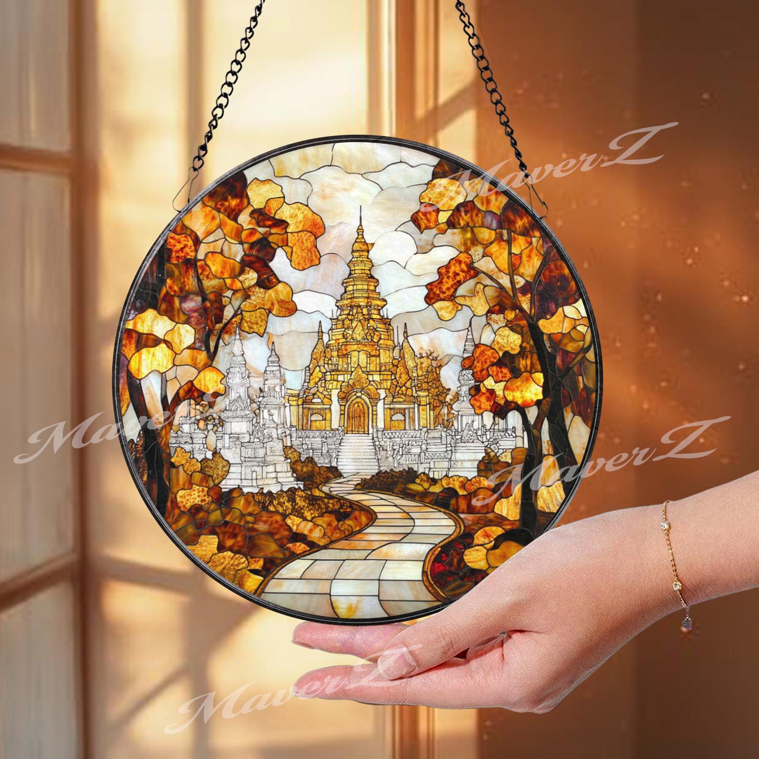 Asian Temple Autumn Stained Glass Suncatcher, Tranquil Pathway Window Hanging Decor, Sacred Nature Art for Zen and Spiritual Interiors