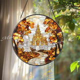 Asian Temple Autumn Stained Glass Suncatcher, Tranquil Pathway Window Hanging Decor, Sacred Nature Art for Zen and Spiritual Interiors