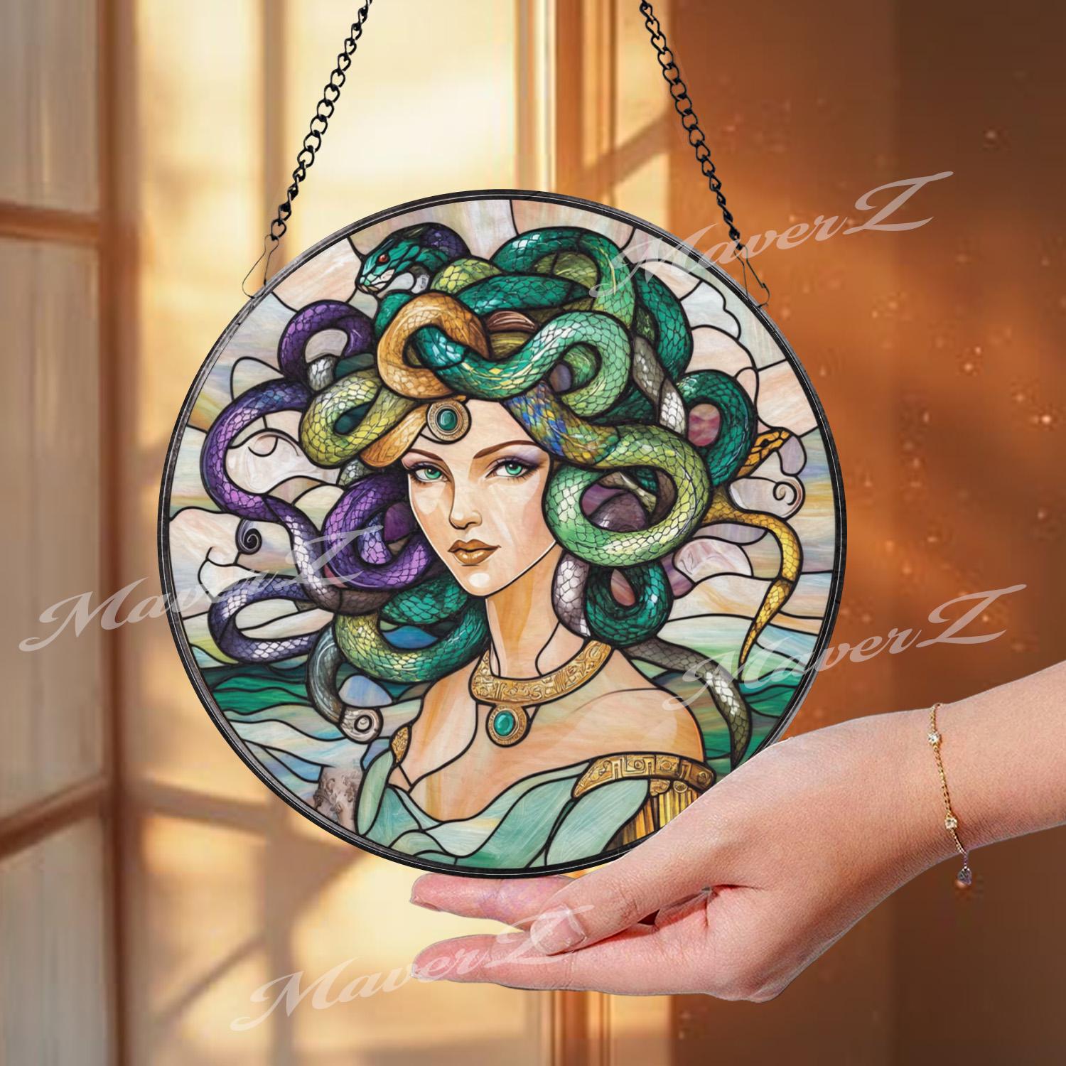 Medusa Stained Glass Suncatcher, Mythical Greek Goddess Window Hanging Decor, Fantasy Art Panel for Mystical and Bold Interior Spaces