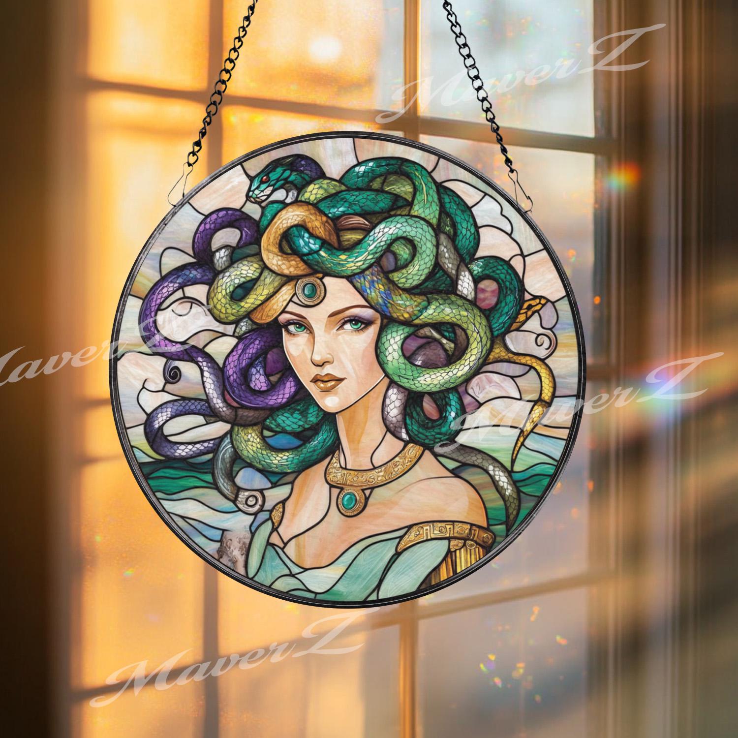 Medusa Stained Glass Suncatcher, Mythical Greek Goddess Window Hanging Decor, Fantasy Art Panel for Mystical and Bold Interior Spaces
