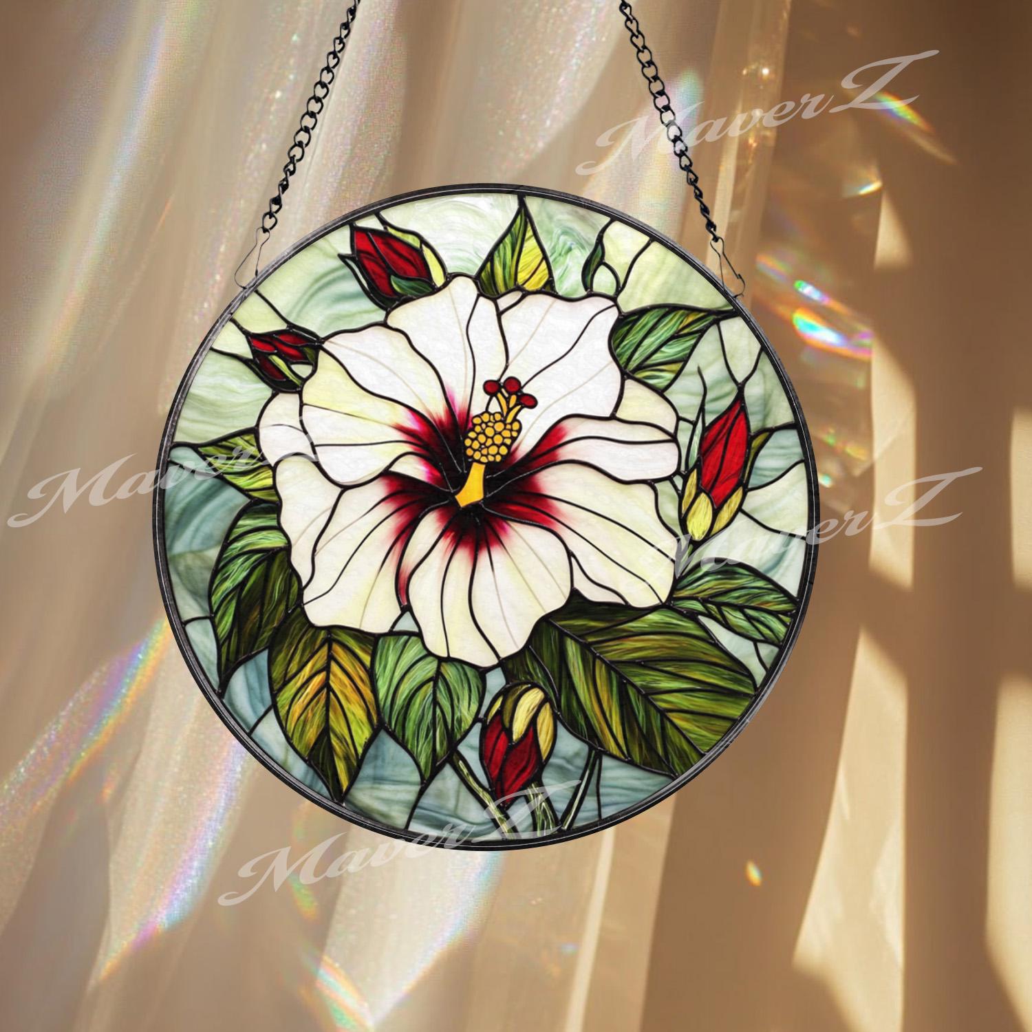 White Hibiscus Stained Glass Suncatcher, Elegant Tropical Flower Window Hanging, Botanical Floral Decor Gift for Garden and Nature Lovers