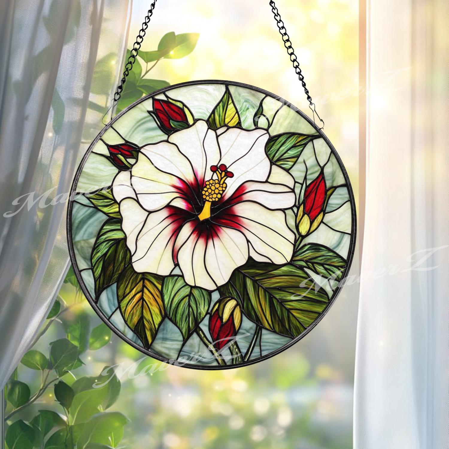 White Hibiscus Stained Glass Suncatcher, Elegant Tropical Flower Window Hanging, Botanical Floral Decor Gift for Garden and Nature Lovers