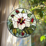 White Hibiscus Stained Glass Suncatcher, Elegant Tropical Flower Window Hanging, Botanical Floral Decor Gift for Garden and Nature Lovers