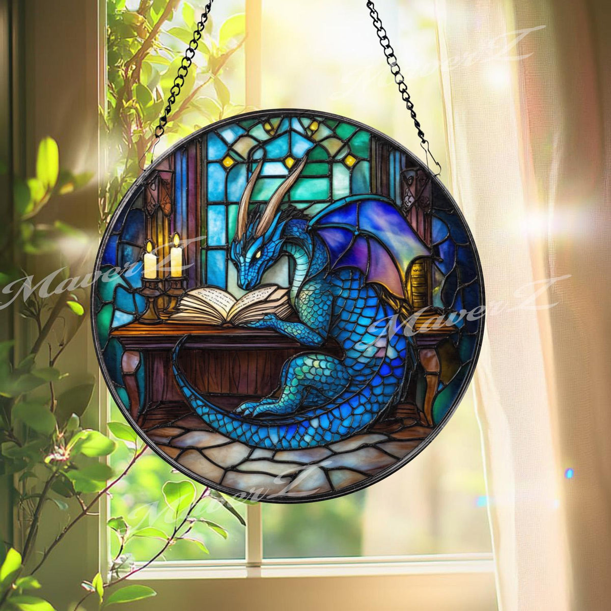 Blue Dragon Reading Book Stained Glass Suncatcher, Fantasy Library Window Art, Magical Creature Decor for Wizards, Readers & RPG Fans