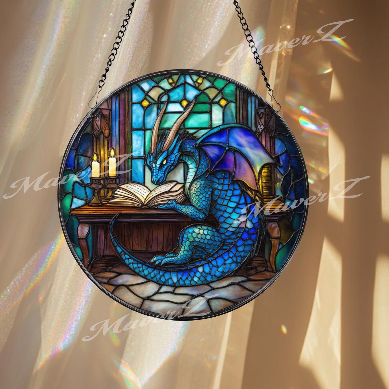 Blue Dragon Reading Book Stained Glass Suncatcher, Fantasy Library Window Art, Magical Creature Decor for Wizards, Readers & RPG Fans