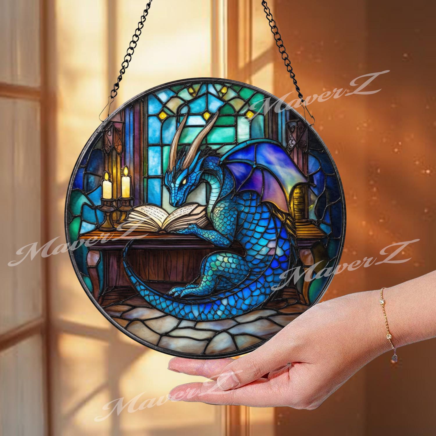 Blue Dragon Reading Book Stained Glass Suncatcher, Fantasy Library Window Art, Magical Creature Decor for Wizards, Readers & RPG Fans
