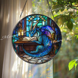 Blue Dragon Reading Book Stained Glass Suncatcher, Fantasy Library Window Art, Magical Creature Decor for Wizards, Readers & RPG Fans