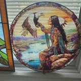 Native American Woman and Eagle Stained Glass Suncatcher, Spirit Animal Window Art, Cultural Nature Decor Gift for Home