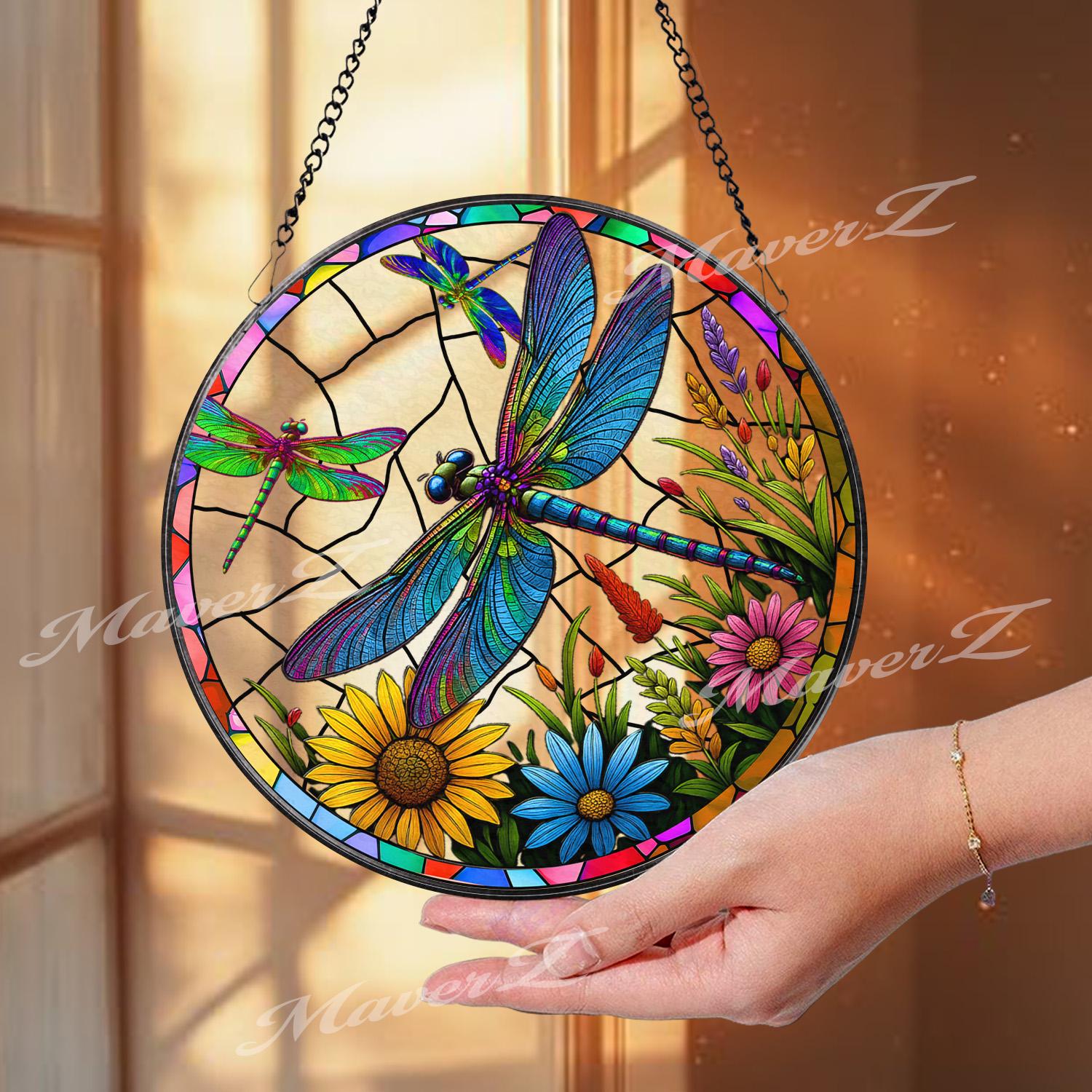 Dragonfly Stained Glass Window Panel - Colorful Suncatcher with Flowers - Handcrafted Art Decor