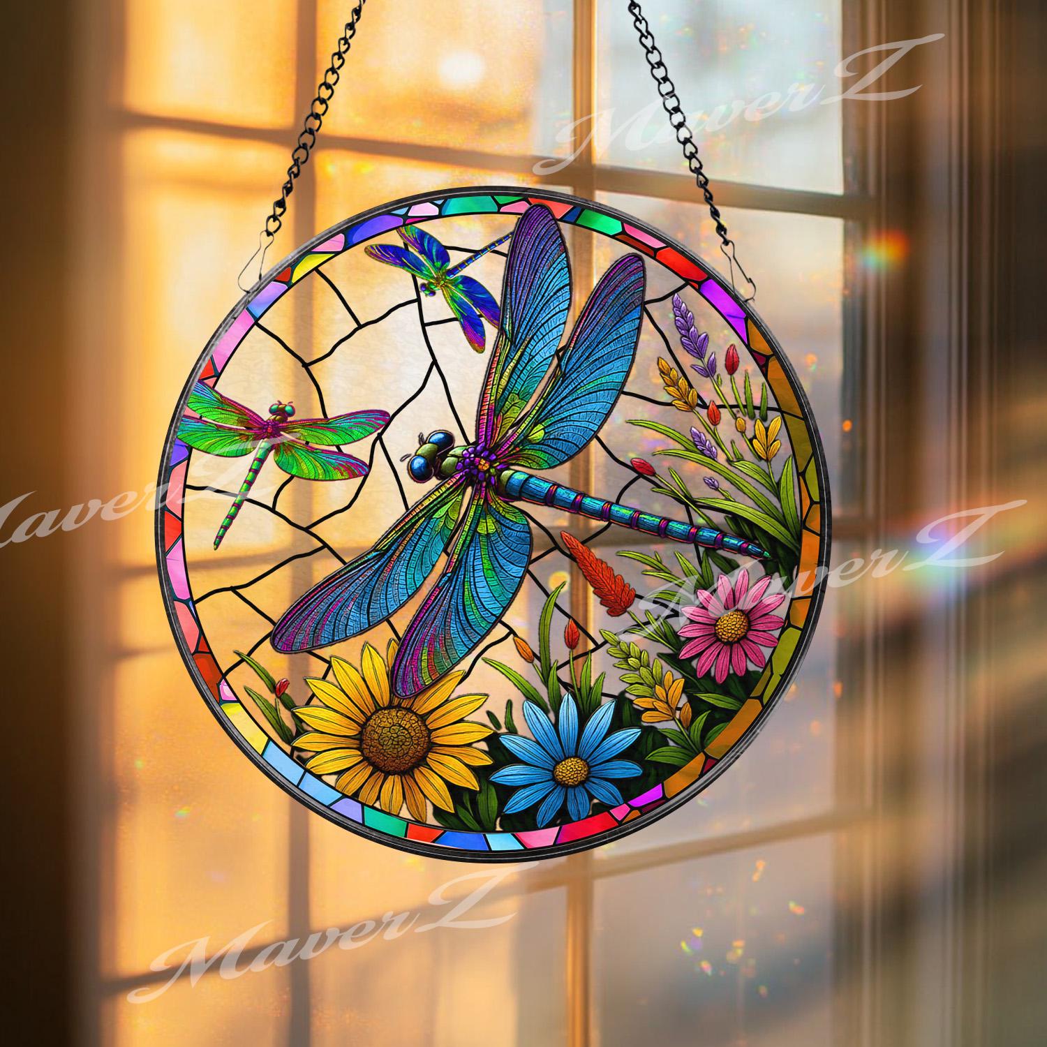 Dragonfly Stained Glass Window Panel - Colorful Suncatcher with Flowers - Handcrafted Art Decor
