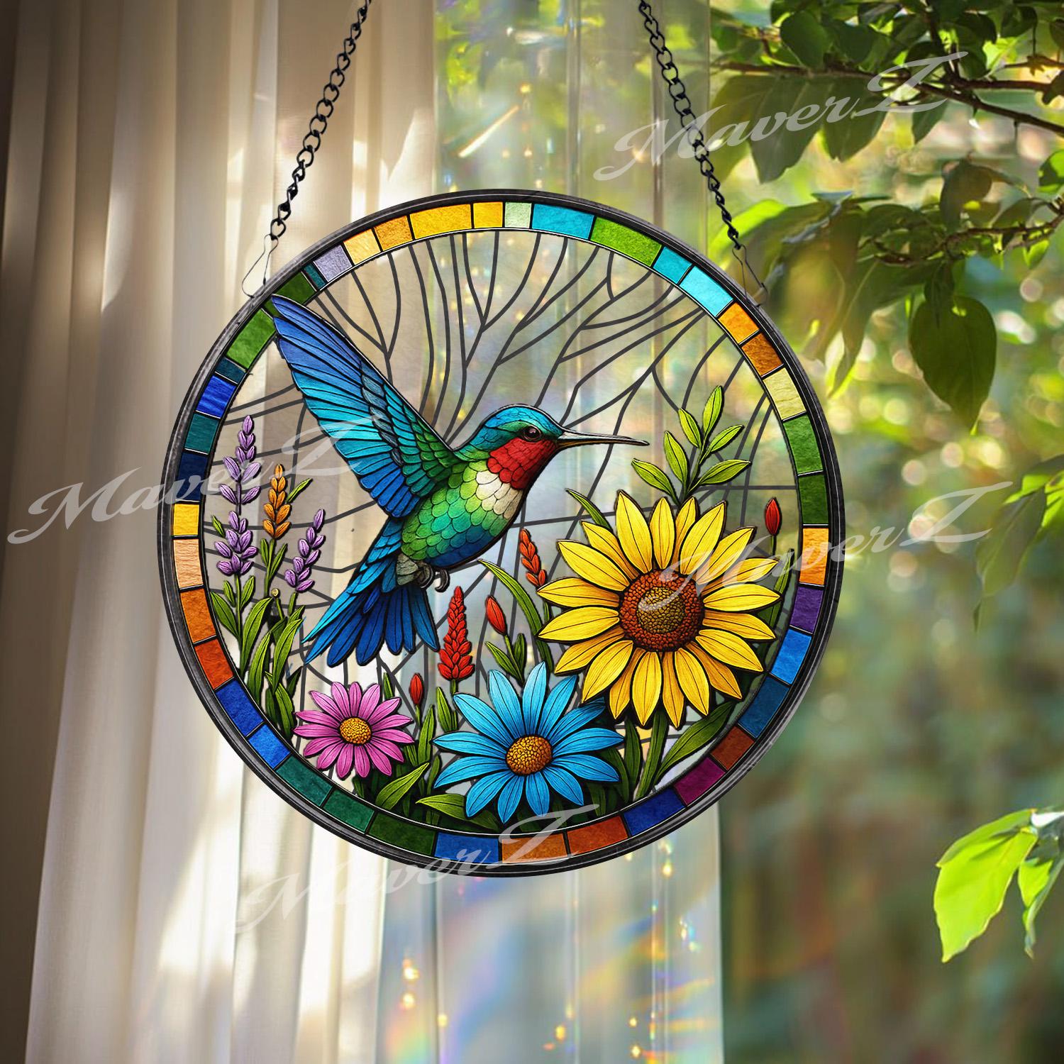 Hummingbird Stained Glass Window Panel - Colorful Suncatcher with Sunflowers - Handcrafted Bird Art Decor