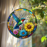 Hummingbird Stained Glass Window Panel - Colorful Suncatcher with Sunflowers - Handcrafted Bird Art Decor