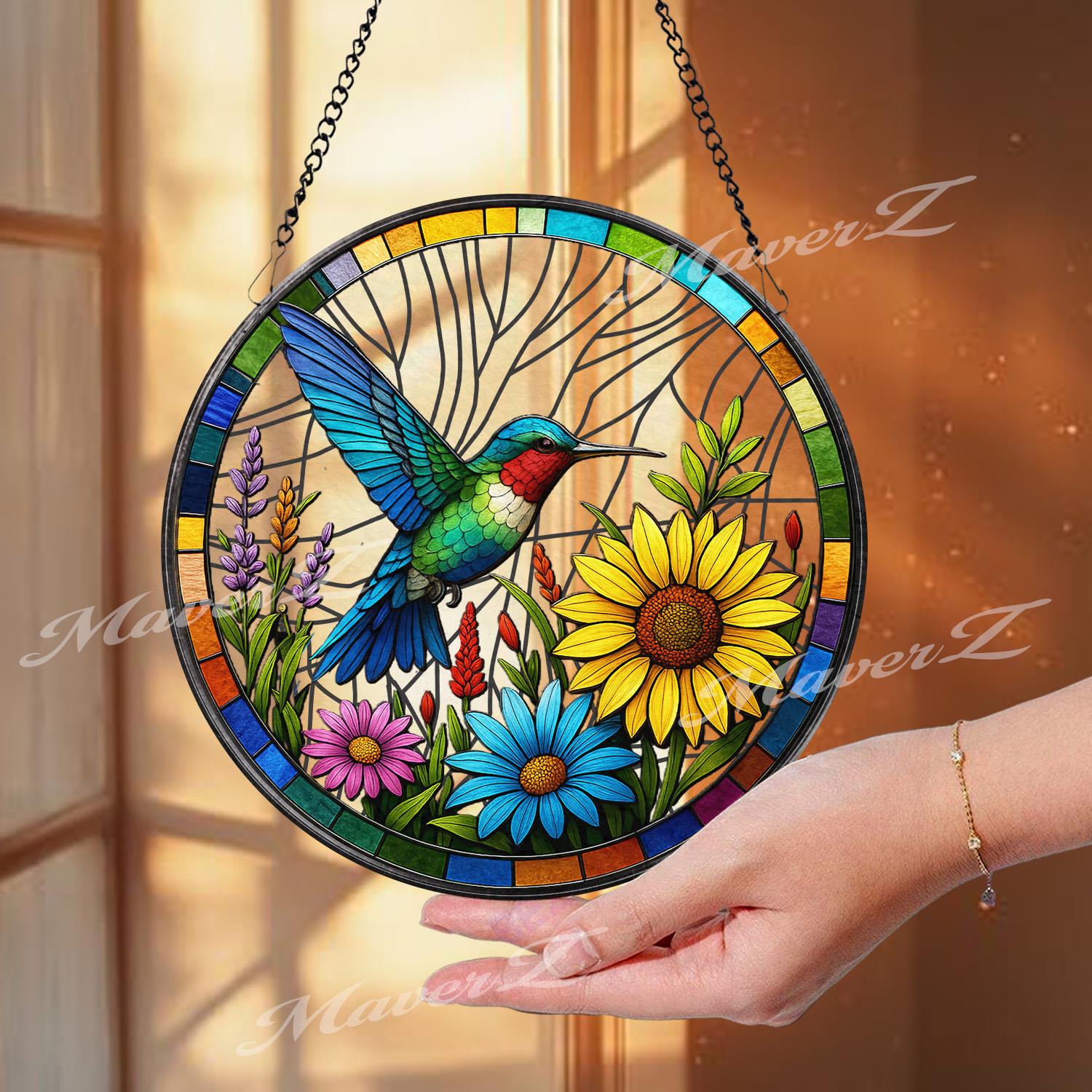 Hummingbird Stained Glass Window Panel - Colorful Suncatcher with Sunflowers - Handcrafted Bird Art Decor